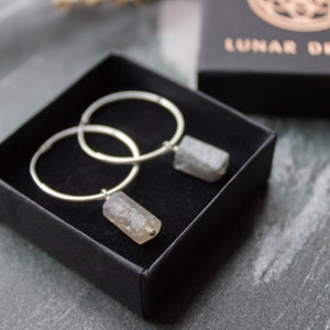 Sterling Silver Hoop Earrings with Raw Labradorite Charm Beads, Natural Crystal Gemstone, Wedding Boho Minimalist Bridal Hoops 04AE-05-036 image 3