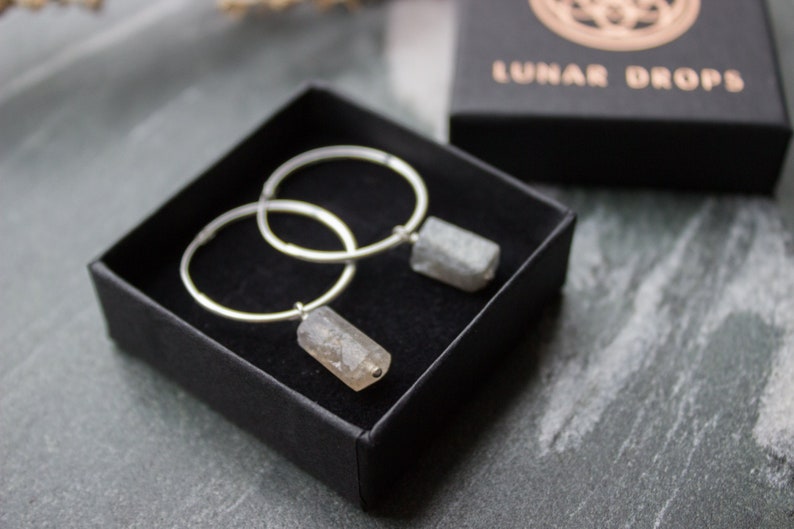 Sterling Silver Hoop Earrings with Raw Labradorite Charm Beads, Natural Crystal Gemstone, Wedding Boho Minimalist Bridal Hoops 04AE-05-036 image 3