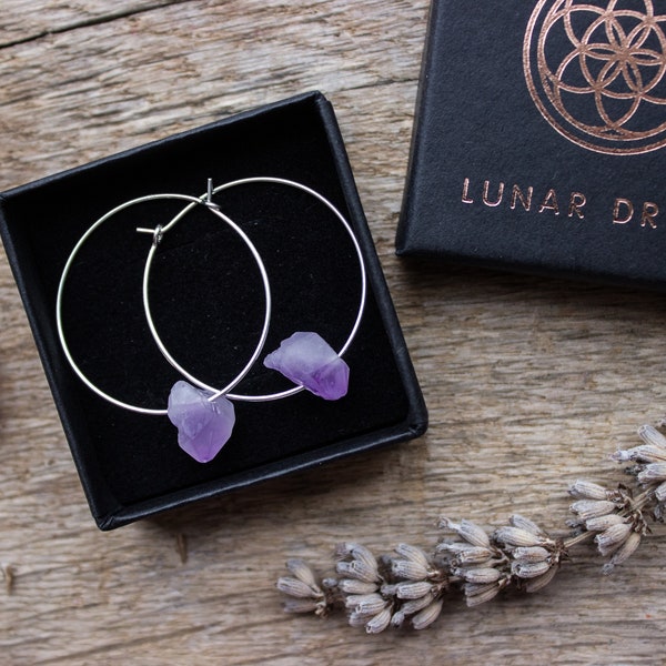 Raw Amethyst Hoop Earrings, Sterling Silver Hoops, Gemstone Large Hoops, Thin Dainty Hoop Rough Crystal, Lunar Drops Earrings - #04AE-05-002