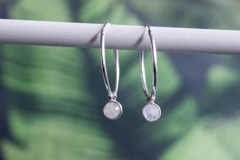 Moonstone Hoop Earrings, Gemstone Sterling Silver Hoops, Small Dainty Endless Hoops, Coin Natural Crystal Hoops 04AE-05-024 image 3