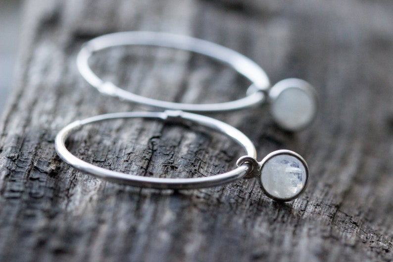 Moonstone Hoop Earrings, Gemstone Sterling Silver Hoops, Small Dainty Endless Hoops, Coin Natural Crystal Hoops 04AE-05-024 image 9