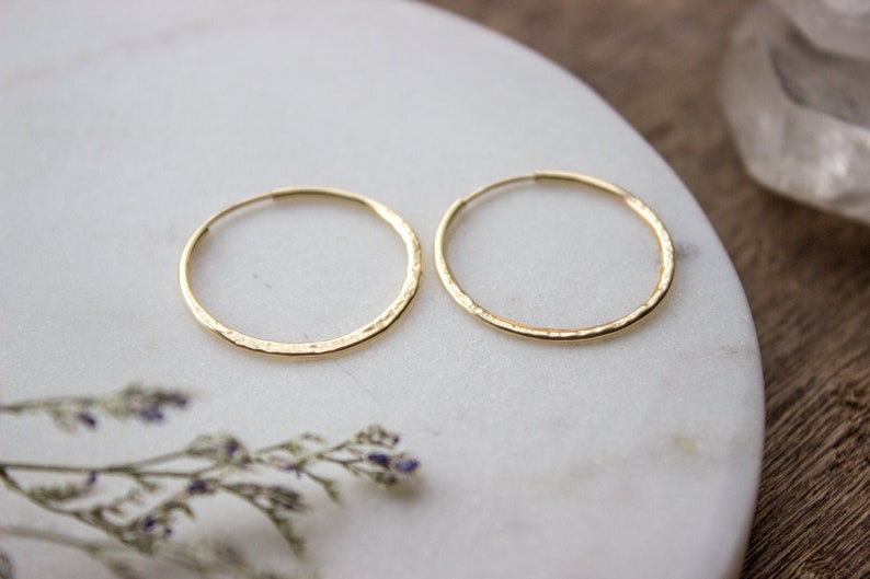 Hammered Gold Hoop Earrings, Textured Small Gold Earring Hoops, Medium 14k Gold Filled Simple Hoops, Hand Forged 25mm 04AE-05-043 image 3