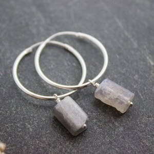 Sterling Silver Hoop Earrings with Raw Labradorite Charm Beads, Natural Crystal Gemstone, Wedding Boho Minimalist Bridal Hoops 04AE-05-036 image 5