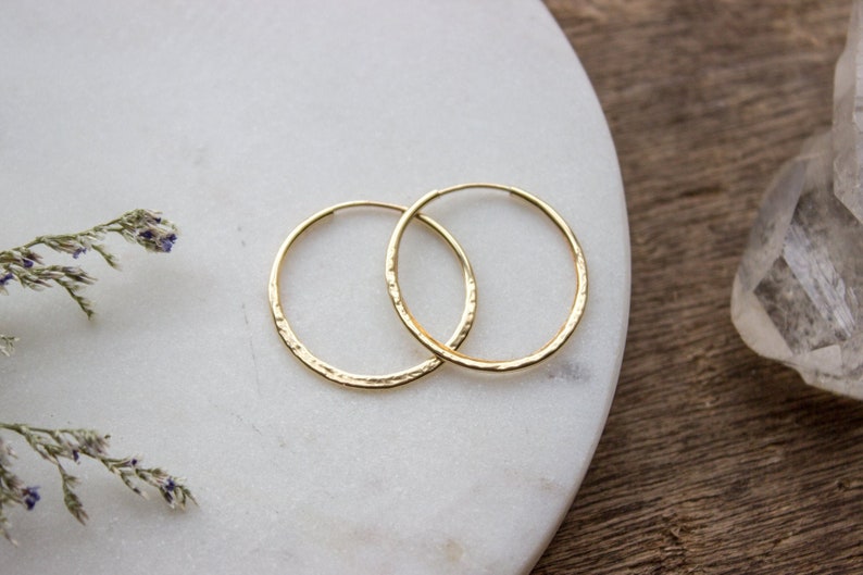 Hammered Gold Hoop Earrings, Textured Small Gold Earring Hoops, Medium 14k Gold Filled Simple Hoops, Hand Forged 25mm 04AE-05-043 image 1