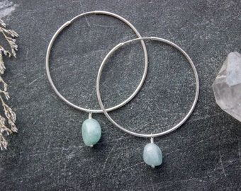 Aquamarine Large Silver Hoop Earrings, Blue Crystal Sterling Silver Hoops, Natural Gemstone Everyday Big Hoops - #04AE-05-055