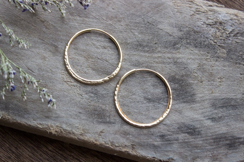 Hammered Gold Hoop Earrings, Textured Small Gold Earring Hoops, Medium 14k Gold Filled Simple Hoops, Hand Forged 25mm 04AE-05-043 image 7