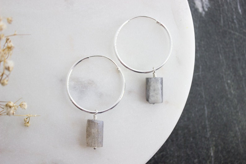 Sterling Silver Hoop Earrings with Raw Labradorite Charm Beads, Natural Crystal Gemstone, Wedding Boho Minimalist Bridal Hoops 04AE-05-036 image 1