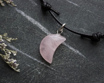 Rose Quartz Crystal Moon Necklace, Pink Gemstone Pendant Necklace, Vegan Friendly Gift, Witch, Pagan, Occult Jewellery - #02AN-01-030