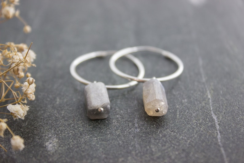 Sterling Silver Hoop Earrings with Raw Labradorite Charm Beads, Natural Crystal Gemstone, Wedding Boho Minimalist Bridal Hoops 04AE-05-036 image 6