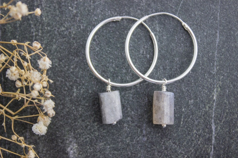 Sterling Silver Hoop Earrings with Raw Labradorite Charm Beads, Natural Crystal Gemstone, Wedding Boho Minimalist Bridal Hoops 04AE-05-036 image 4