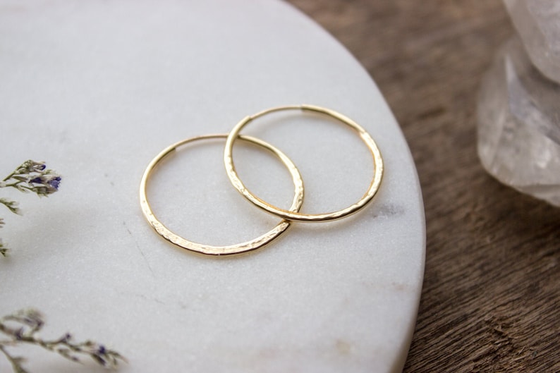 Hammered Gold Hoop Earrings, Textured Small Gold Earring Hoops, Medium 14k Gold Filled Simple Hoops, Hand Forged 25mm 04AE-05-043 image 6