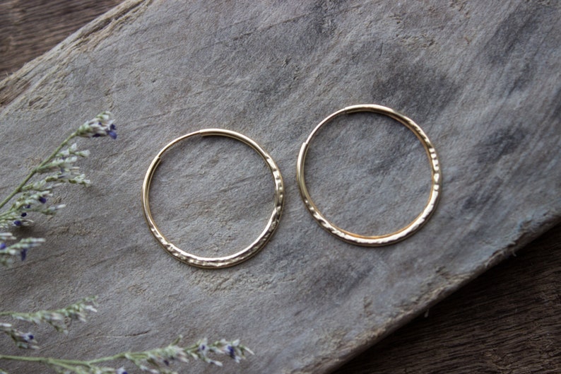 Hammered Gold Hoop Earrings, Textured Small Gold Earring Hoops, Medium 14k Gold Filled Simple Hoops, Hand Forged 25mm 04AE-05-043 image 4