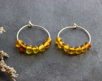 Baltic Amber Gold Hoop Bead Earrings, Dainty 14k Gold Filled Hoops, Thin Gemstone Beaded Hoops, Tiny Crystal Boho Earrings - #04AE-05-063