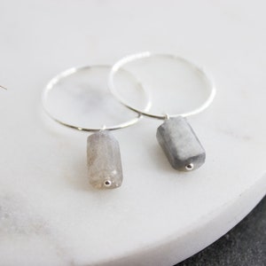 Sterling Silver Hoop Earrings with Raw Labradorite Charm Beads, Natural Crystal Gemstone, Wedding Boho Minimalist Bridal Hoops 04AE-05-036 image 8