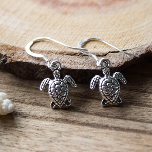 Turtle Earrings, Sterling Silver Ear Hooks, Tiny Beach, Sea, Ocean Lover Drop, Dangle Earring - #04AE-03-003