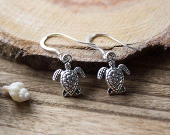 Turtle Earrings, Sterling Silver Ear Hooks, Tiny Beach, Sea, Ocean Lover Drop, Dangle Earring - #04AE-03-003