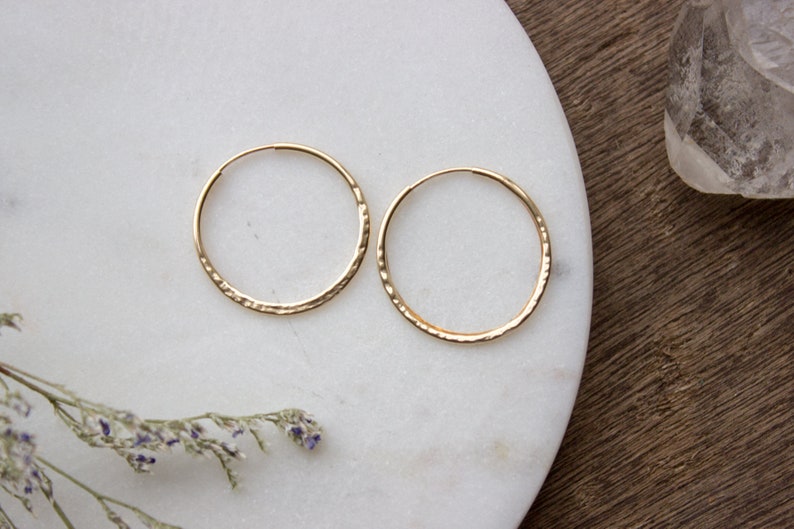 Hammered Gold Hoop Earrings, Textured Small Gold Earring Hoops, Medium 14k Gold Filled Simple Hoops, Hand Forged 25mm 04AE-05-043 image 8