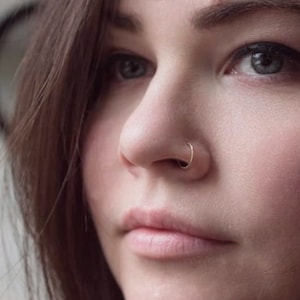 May include: Close-up of a person's face with a small gold nose ring. The person has long brown hair and is looking off to the side.