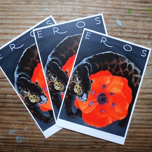 Carte postale Eros - jaguar et coquelicot - une carte postale d’art