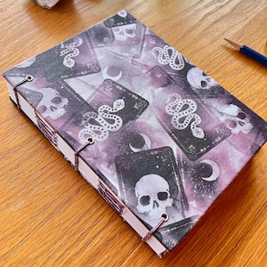 Handbound Shadow Oracle Journal, Snakes Moons Skulls Handmade Sketchbook, Coptic Binding Lay Flat Book, Travel Diary, Grimoire, Spell Book