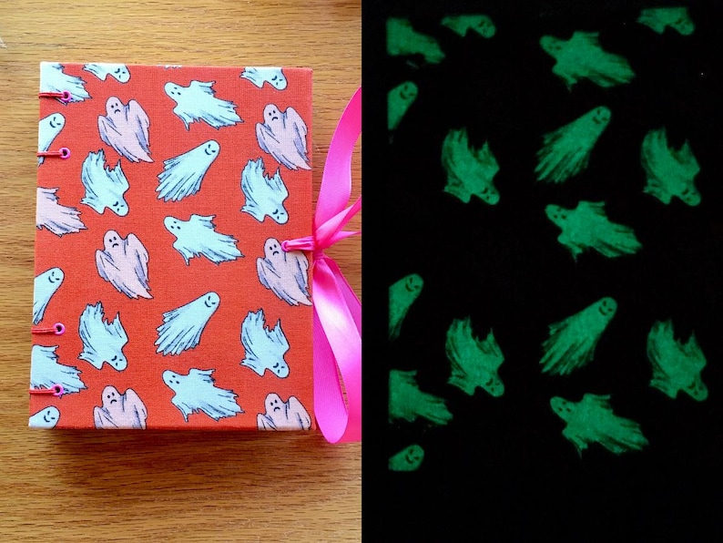 May include: A small orange book with a pink ribbon closure. The cover is decorated with a repeating pattern of white ghosts. The book glows in the dark, revealing green ghosts.