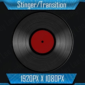 May include: A black vinyl record with a red center label. The record is on a black background with a blue border that says "Stinger/Transition" and "1920PX X 1080PX".