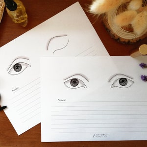 Op de afbeelding: Twee witte vellen papier met gelinieerde secties voor notities. Elk vel heeft een tekening van een oog, één vel heeft één oog en het andere vel heeft twee ogen.