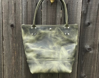 Olive Green Pull Up Leather Tote Bag/ Women's Handbag/ Marketbag/Shoulder Bag/ Women's Tote