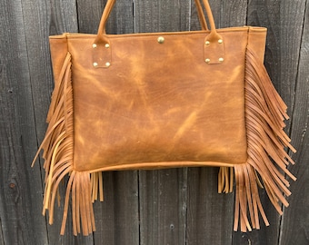 Large Distressed "Texas Tan" Fringed Leather Tote Bag/Western Style Handbag/Cowgirl Tote/Rustic Country Bag