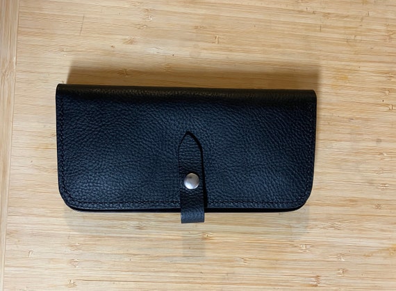 Black Pebbled Italian Leather Long Wallet/ Handmade Women's Wallet/ Hand-stitched Snap Wallet/Badalassi Carlo Dollaro Leather