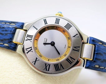 CARTIER WATCH Must 21 the 150th Anniversary Edition in Steel on Leather Strap with Quartz Movement and Deployant Clasp comes in Original Box