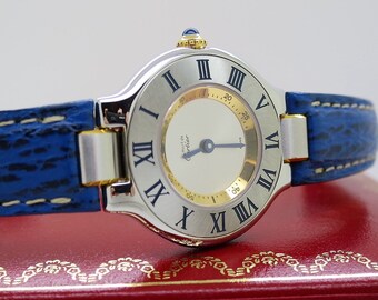 AUTHENTIC CARTIER MUST 21 Watch the 150th Anniversary model in Steel on Leather Strap with Quartz Movement + Deployant Clasp in Original Box