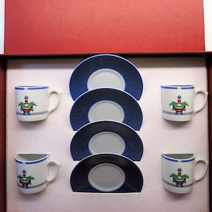 Demitasse CARTIER Cups + Saucers Espresso size Set of 4 Lapis Blue La Maison Venitienne Porcelain pattern with Original Red Box circa 1989