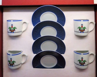 Demitasse CARTIER Cups + Saucers Espresso size Set of 4 Lapis Blue La Maison Venitienne Porcelain pattern with Original Red Box circa 1989