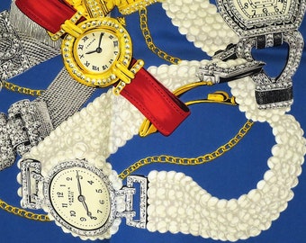 Vintage CARTIER Scarf in fine woven Italian Silk Twill has Blue Le Temps Precious Watch motif and comes with Original Red Box + Certificate