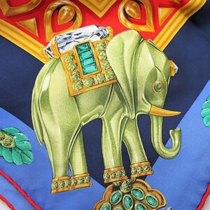 CARTIER SCARF, "La Route des Indes" Motif, 100% Silk, Made in France, Cartier Foulard Soie, Vintage Scarves, Elephants, Navy Blue Scarf image 1