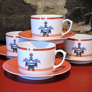 Breakfast Cups CARTIER Set of 4 Coffee or Tea size with Saucers in Vintage La Maison Venitienne Art Deco Coral Limoges French Porcelain