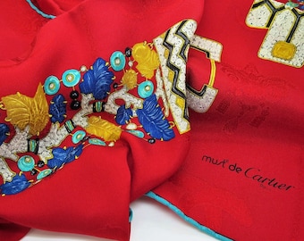 Vintage CARTIER Scarf in luxury woven Italian silk with Red Art Deco Tutti Frutti motif a beautiful Head Scarf for Women, Authentic Cartier