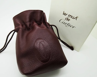 AUTHENTIC CARTIER POUCH in Burgundy Cowhide with Original Box, Wallets Handbags Coin Pouch or Jewelry Pouch