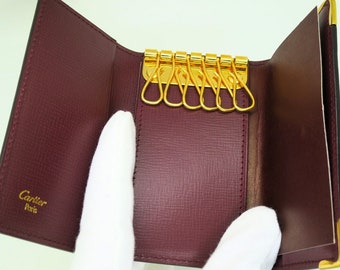 AUTHENTIC CARTIER KEY Case in Burgundy Cowhide with Gilt Decor includes Cartier Tag and Red Box, Luxury Key Fobs, Wallets and Handbags