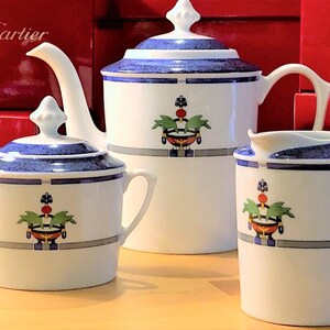 CARTIER 3-PC SERVICE, Coffee/Teapot w Cream & Sugar, "La Maison Venitienne" Porcelain w Cartier Red Boxes, Lapis Blue, Fine China, Limoges image 1