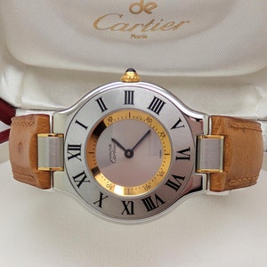 CARTIER WATCH the Must 21 LM model 33mm Steel + 18kt Yellow Gold w Quartz Movement + Ostrich Leather Strap has Cartier Warranty + Watch Box
