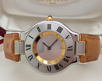 CARTIER WATCH the Must 21 LM model 33mm Steel + 18kt Yellow Gold w Quartz Movement + Ostrich Leather Strap has Cartier Warranty + Watch Box