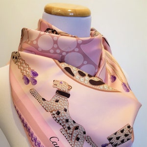 CARTIER SCARF, "Majestic Panthers & Jewels", 100% Italian Silk w Cartier Tag and Red Box, Cartier Foulard Soie, Vintage Scarf, Gifts for Her image 3