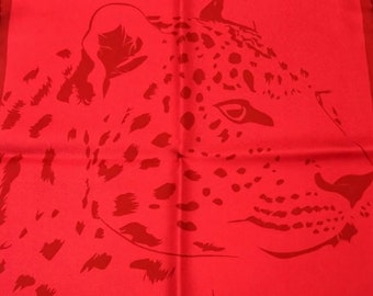 AUTHENTIC CARTIER SCARF (or Pocket Square) in Silk with Panther Motif in Ruby Red includes Cartier Box