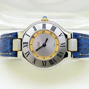CARTIER WATCH MUST 21 the 150th Anniversary Edition in Steel on Leather Strap with Quartz Movement and Deployant Clasp comes in Original Box