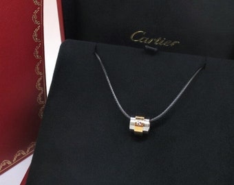 AUTHENTIC CARTIER PENDANT Santos Dumont model Necklace slider style in 18kt Yellow Gold + Brushed Steel with Cartier Box and Certificate