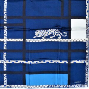 CARTIER SCARF Blue Vintage French Silk Paris Couture with Tigre Rôdant Tiger motif comes with Original Tag, Box and Certificate