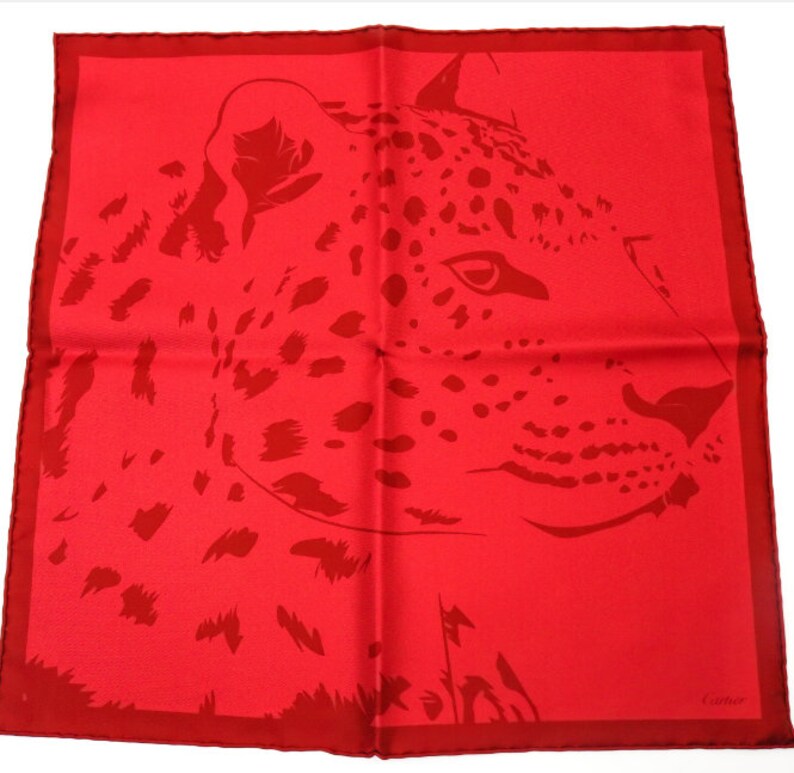 CARTIER SCARF or POUF, "La Panthère Rubis", 100% Silk Twill, Cartier Tag & Box, Made in Italy, Ruby Red, Panther Print, Foulard Soie image 1