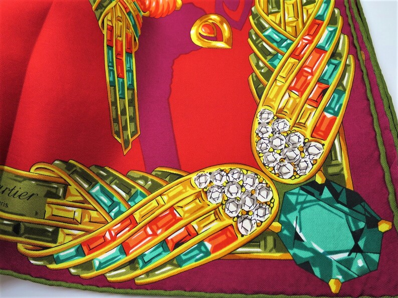 CARTIER SCARF, "Jeweled Menagerie" Motif, 100% Silk w Cartier Tag, Made in France, Cartier Foulard Soie, Vintage Cartier, Cartier Panther image 6